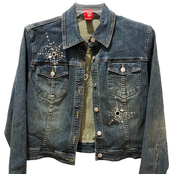 Vera Vera NWT Size XL Denim Light Wash Jean Jacket With Embellishments & Cutouts - Picture 1 of 2